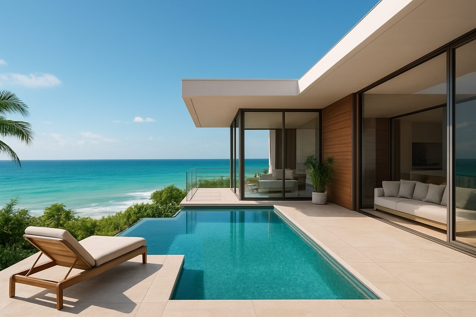 A luxurious beachfront villa with a swimming pool overlooking the ocean and clear blue sky.