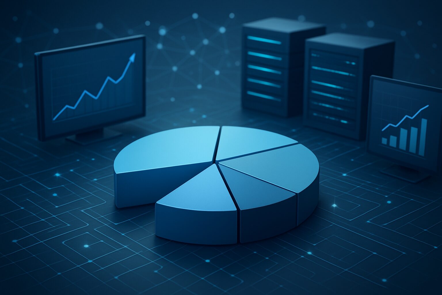 A digital pie chart on a dark background with data servers and a line graph display, representing data analysis.