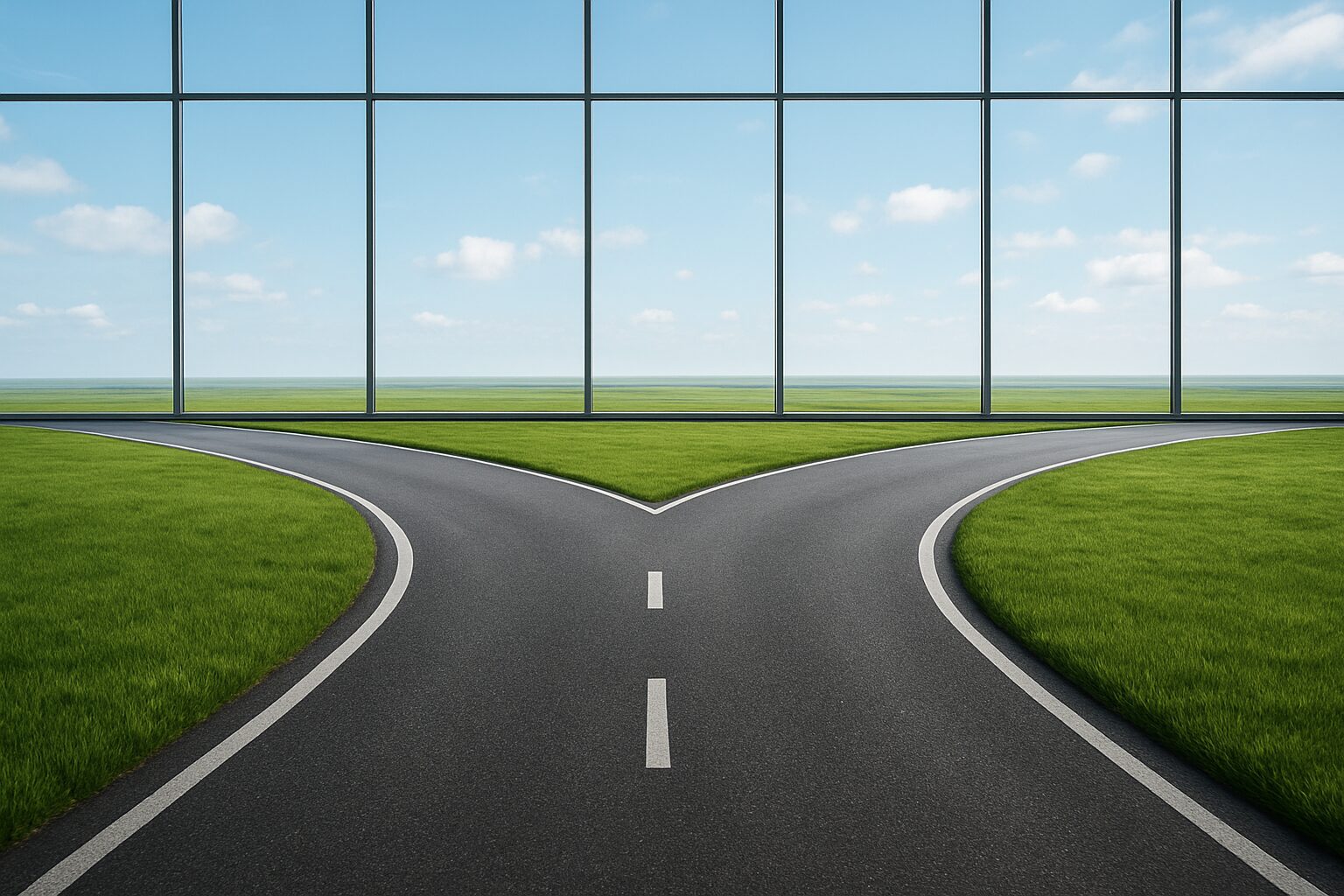 A fork in the road with grassy edges and a clear sky behind a glass wall