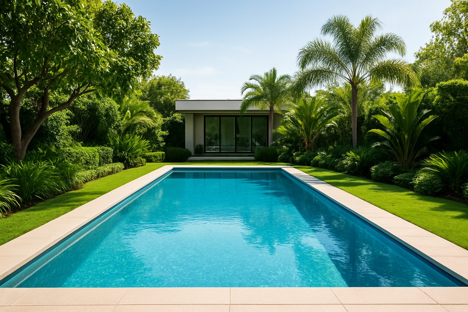 A swimming pool in a lush garden surrounded by palm trees and landscaping, depicting recreational facilities in a privat